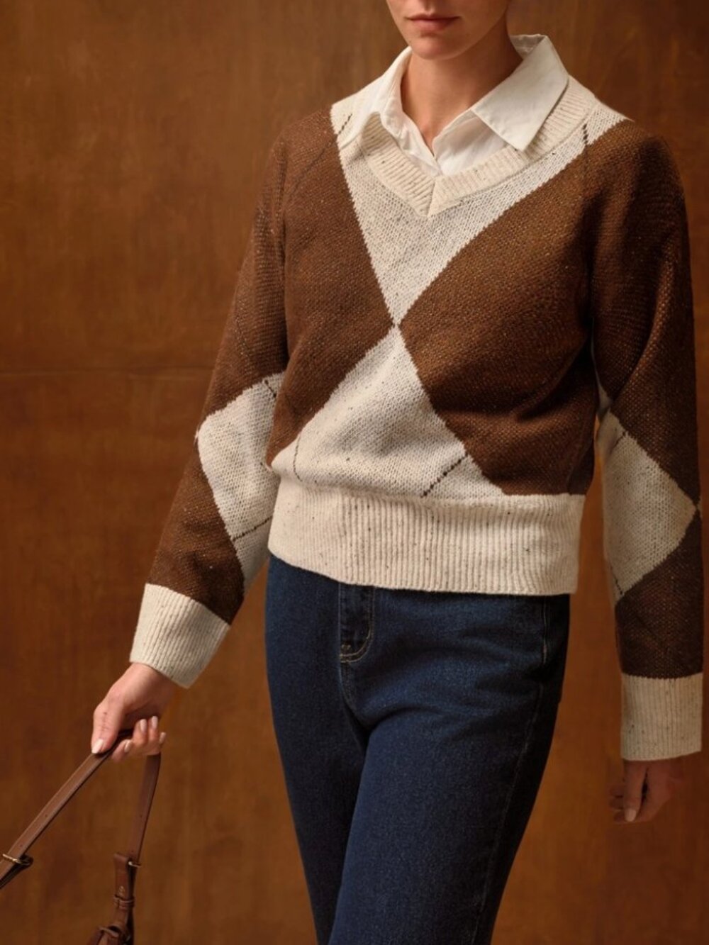 Brown Cream Argyle Knit V Neck Long Sleeve Sweater